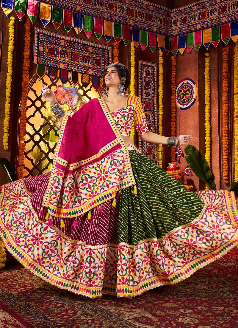 Multicolored Viscose Cotton Kutch Mirror Work With Printed Chaniya Choli