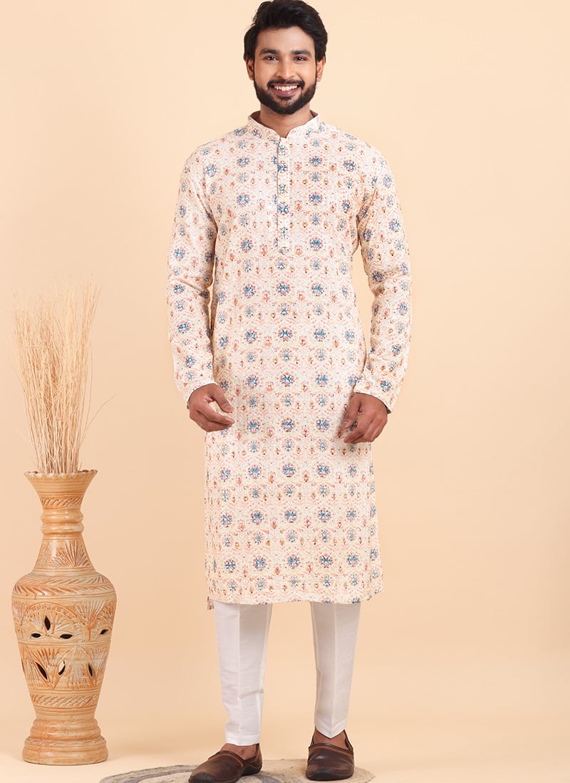 Multicolored Viscose Digital Print Classy Kurta Pyjama For Men Festive Wear