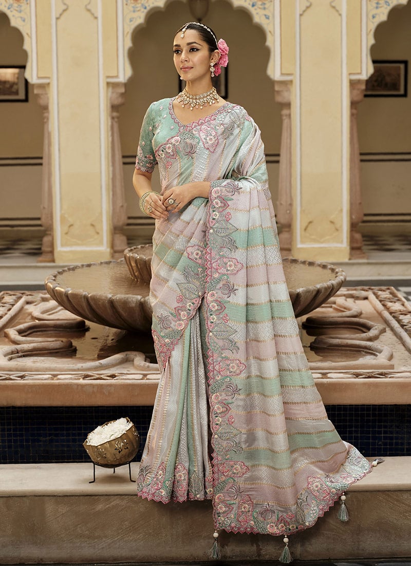 Multicolored Viscose Jacquard Silk Zari And Sequins Embroidered Saree Festive Wear