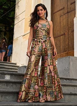 Multicolored Viscose Jacquard Stones Digital Print Indo Western Palazzo Set