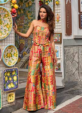 Multicolored Viscose Jacquard Stones Digital Print Indo Western Strapless Top And Palazzo Set