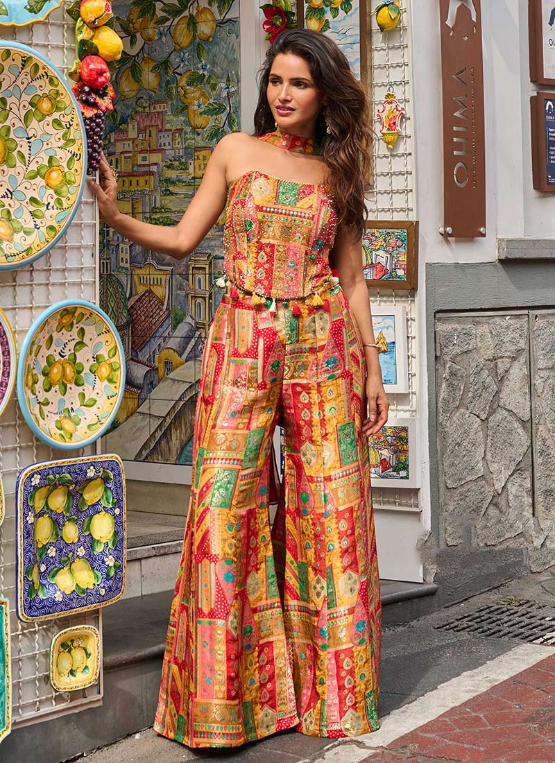 Multicolored Viscose Jacquard Stones Digital Print Indo Western Strapless Top And Palazzo Set After Six Wear