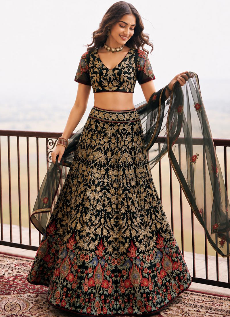 Multicolored Zari Resham Embroidered Soft Net Lehenga Wedding Wear