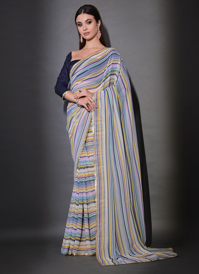 Multicolour Faux Georgette Gota Saree With Blue Blouse After Six Wear
