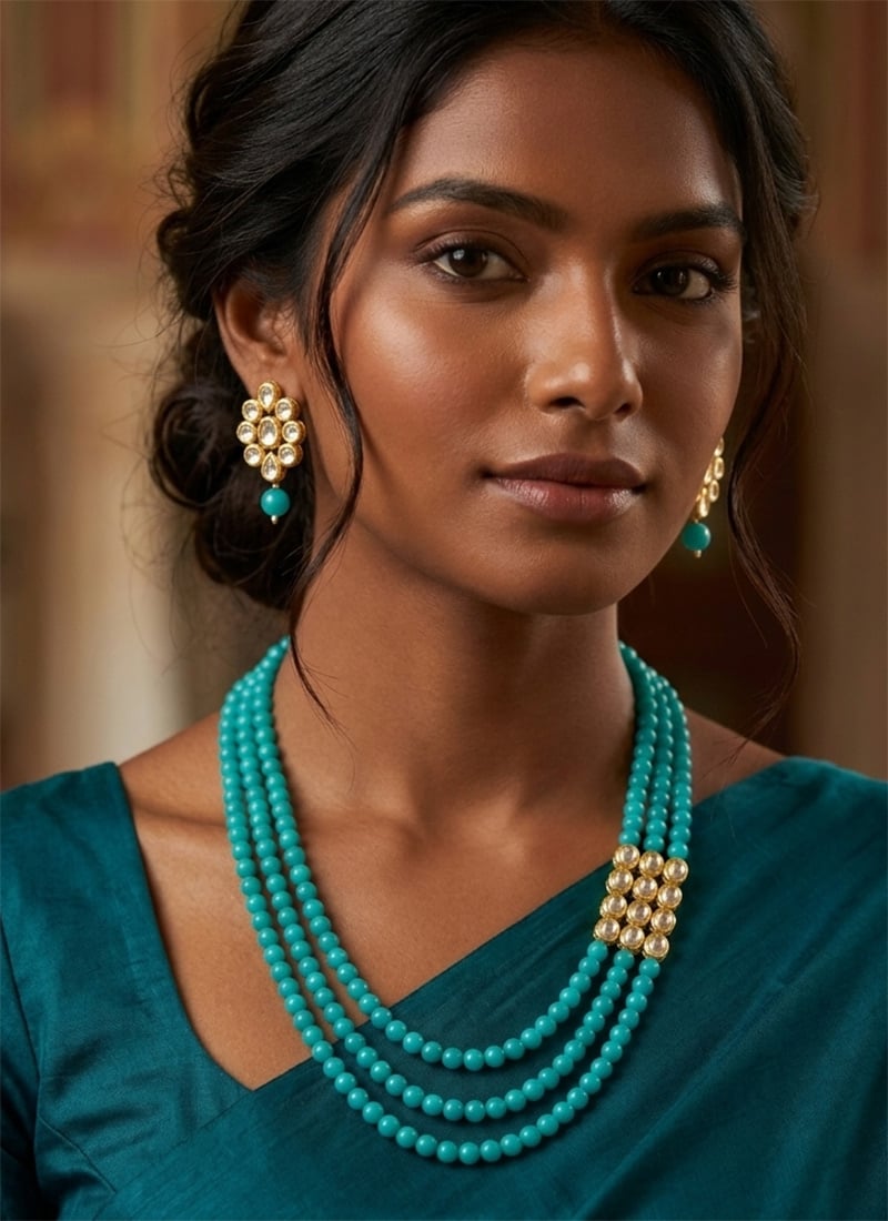 Multicolour Layered Beaded Kundan Necklace Set After Six Wear