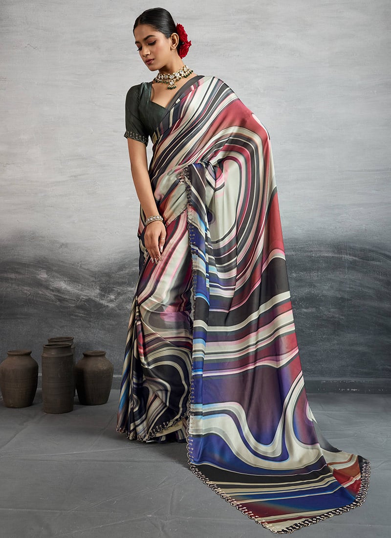 Multicolour Satin Silk Digital Print And Stones Saree After Six Wear