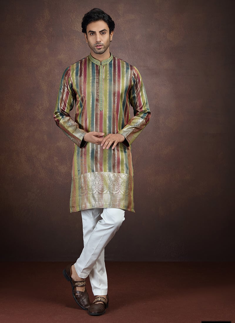 MultiColour Silk Zari Kurta Pyjama Festive Wear