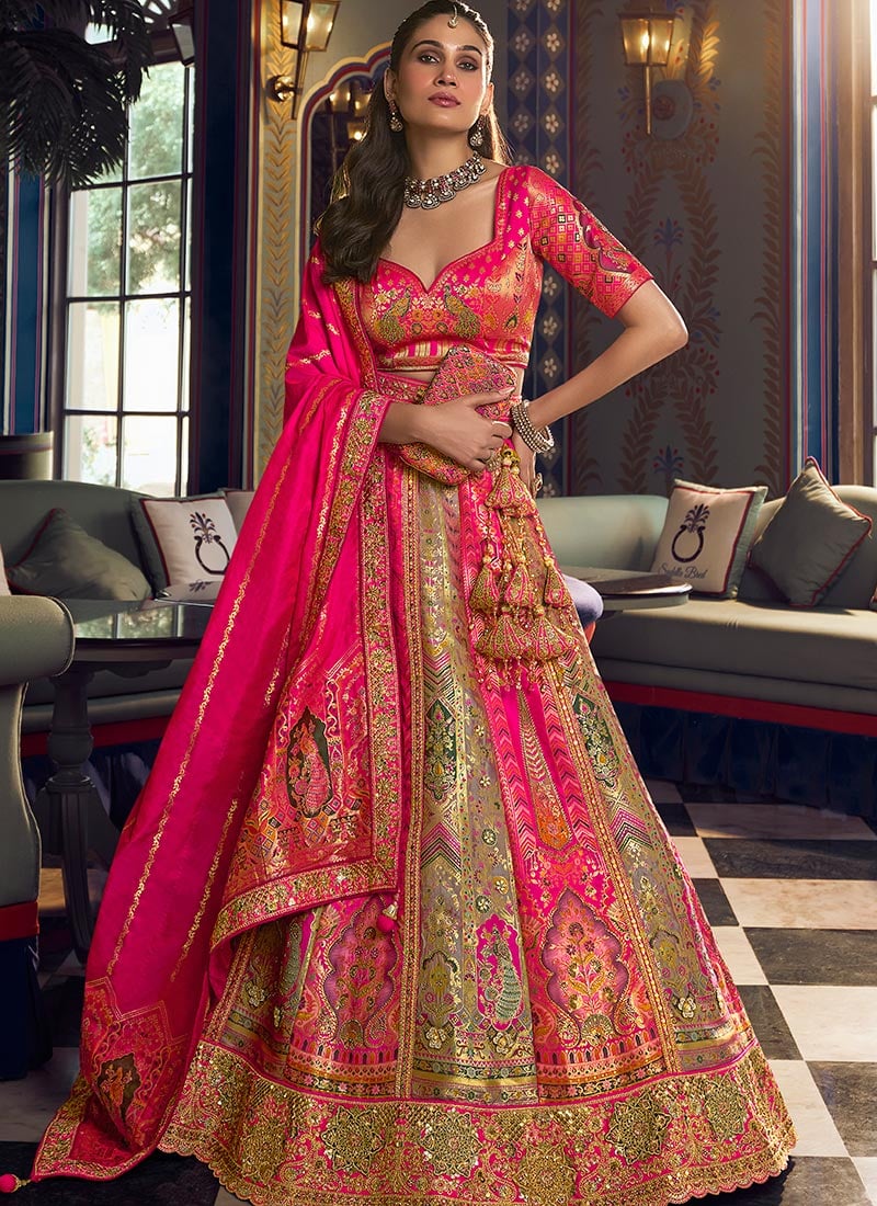 Multicolour Zari Embroidered Sequins Banarasi Silk Lehenga Wedding Wear