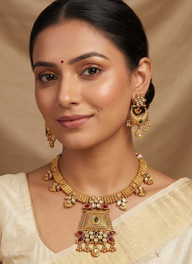 Multicoloured Golden Kundan Necklace Set Festive Wear