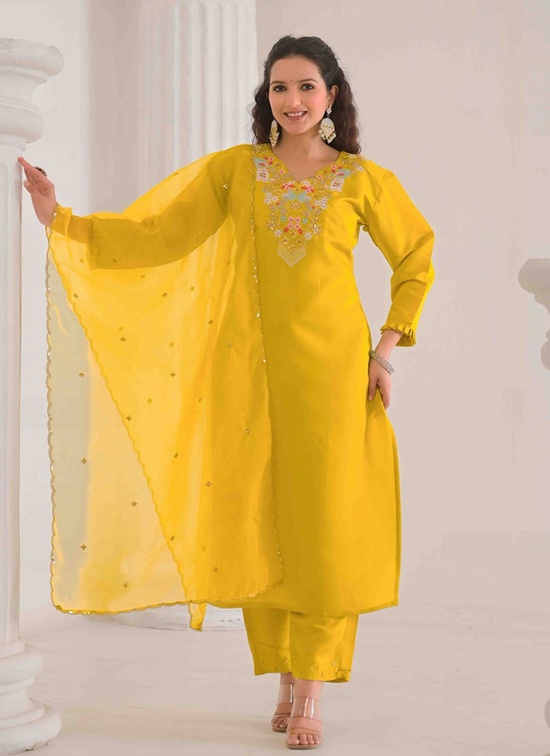 Mustard Viscose Chanderi Embroidered Sequins Straight Pant Suit