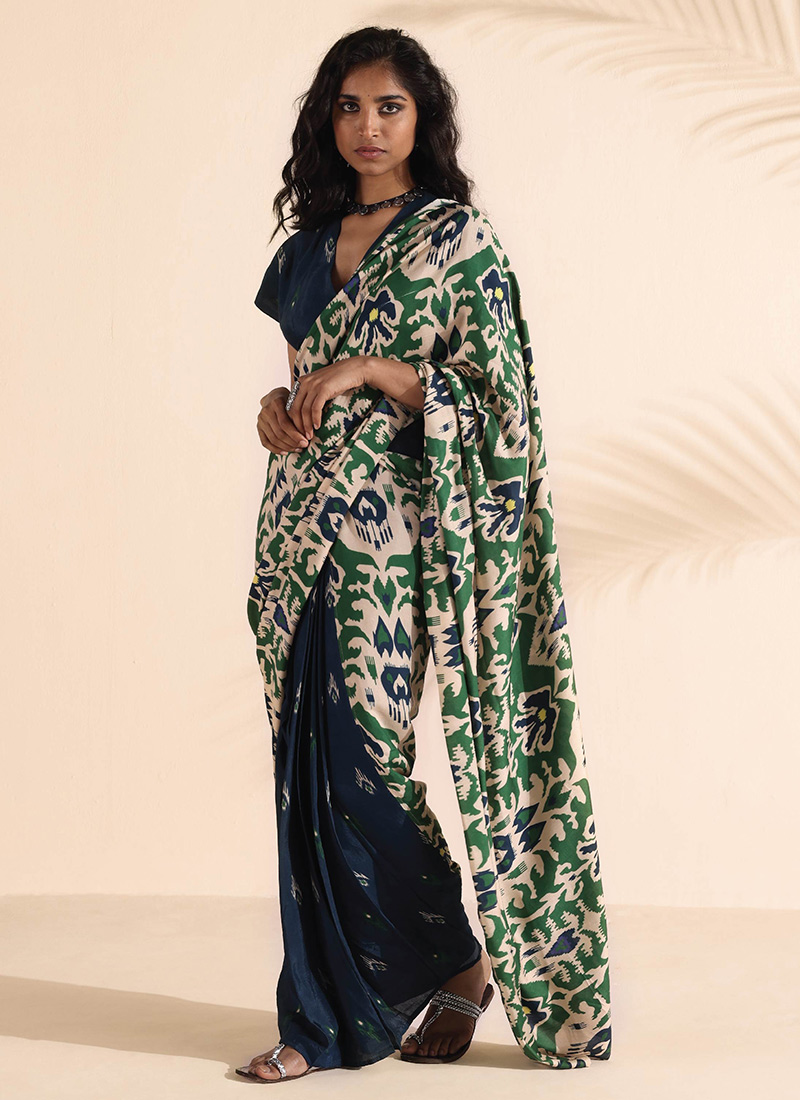 Muslin Silk Ikat Print Pre Draped Saree After Six Wear-SADTB3327
