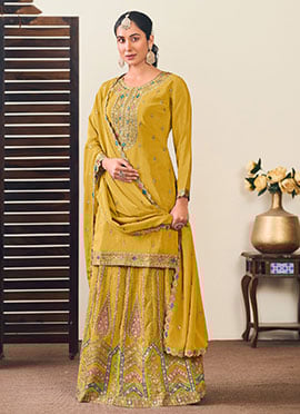 Must Have Mustard Chinon Zari Embroidered Sequins Long Choli Lehenga