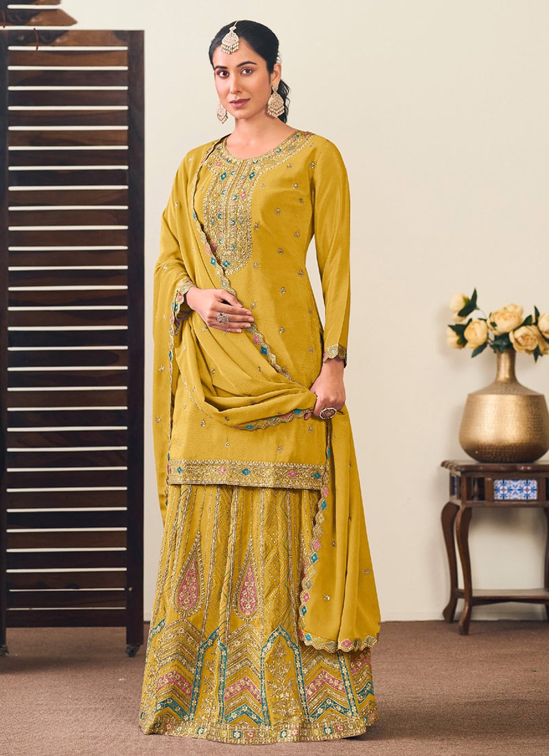 Must Have Mustard Chinon Zari Embroidered Sequins Long Choli Lehenga Wedding Wear