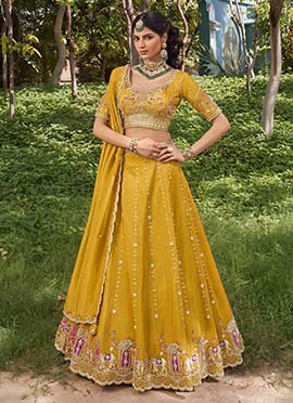 Mustard  Tissue Zari Embroidered Sequins Stones Beads Work Lehenga