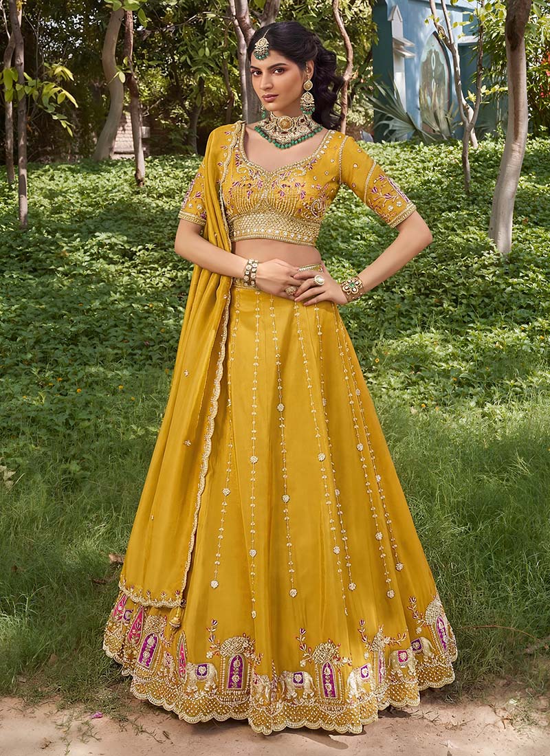 Mustard Tissue Zari Embroidered Sequins Stones Beads Work Lehenga Wedding Wear