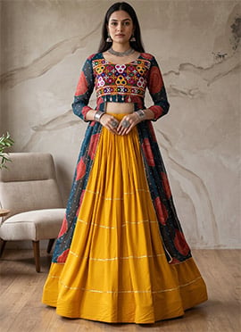 Mustard and Rama Rayon Cotton Embroidered Mirror Work Indowestern Long Choli Lehenga For Garba