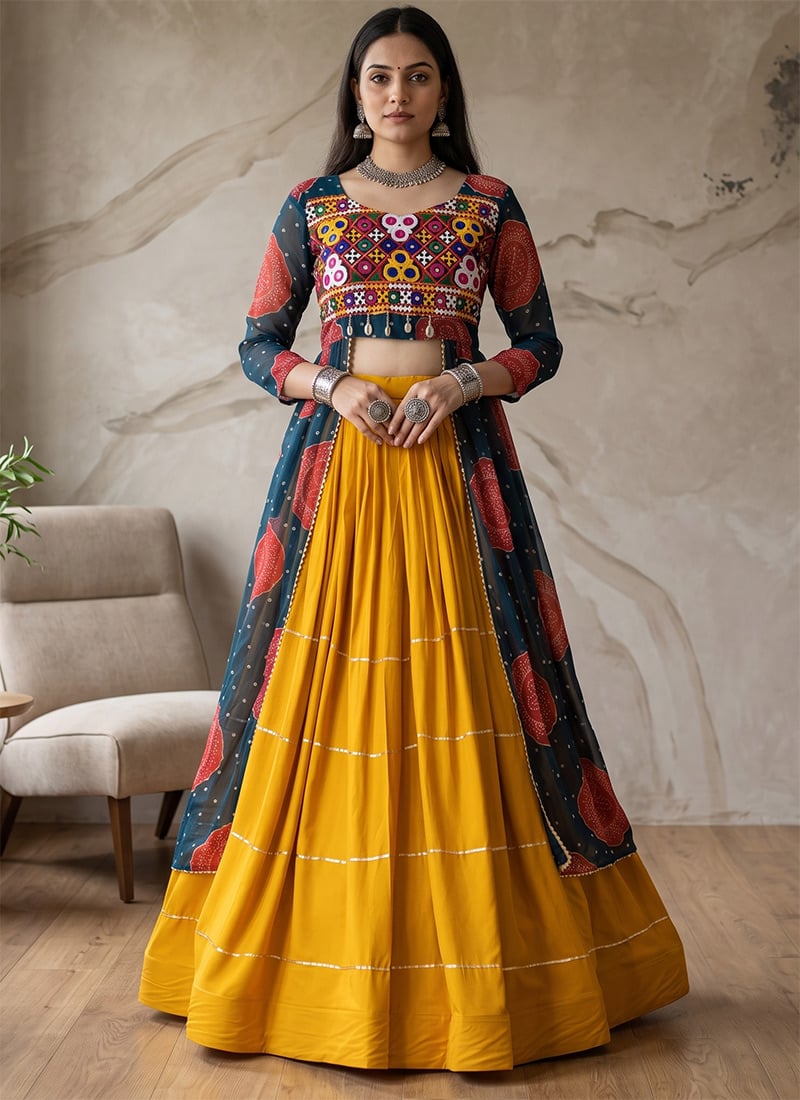 Mustard and Rama Rayon Cotton Embroidered Mirror Work Indowestern Long Choli Lehenga For Garba Festive Wear