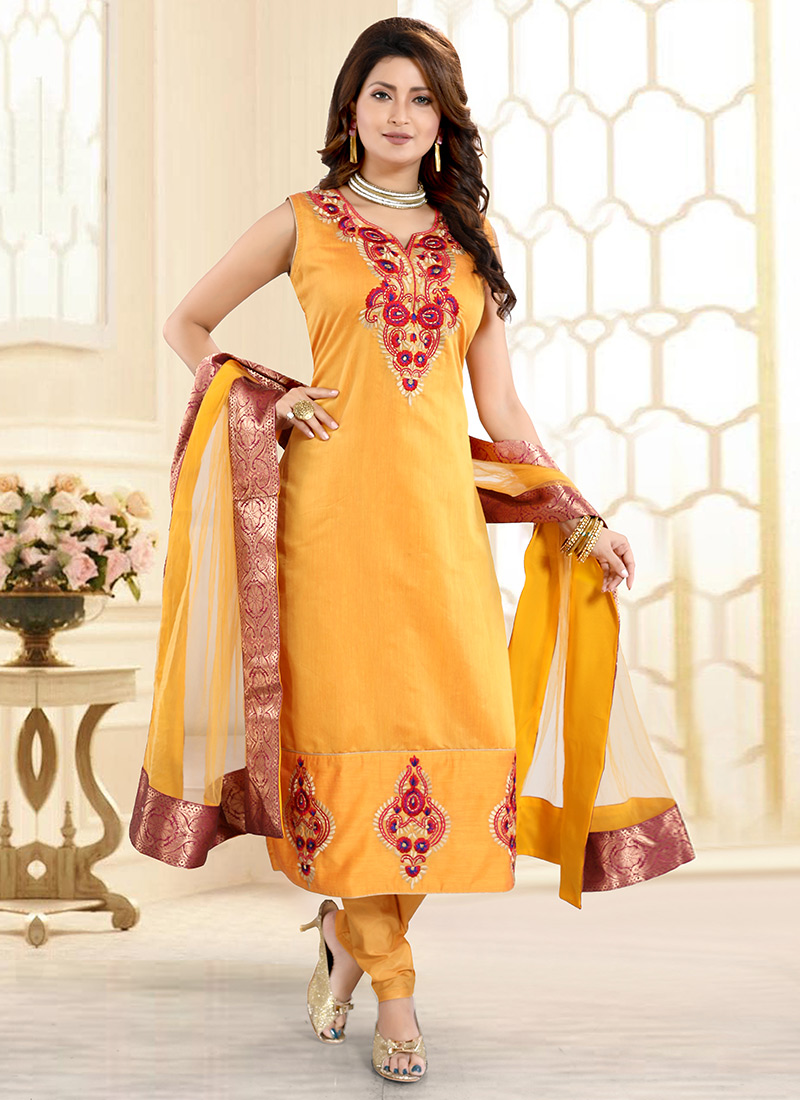 Buy Mustard Art Silk Churidar Suit, Embroidered, churidar suit Online Shopping SLMNFC280GOLDEN