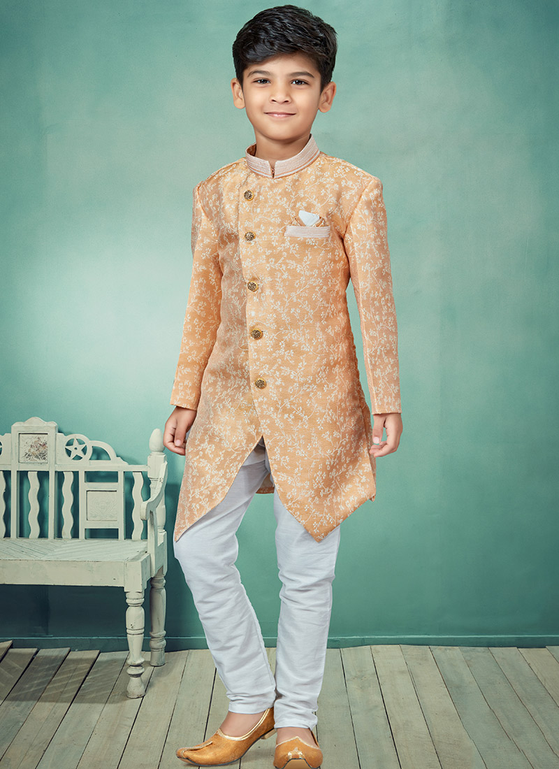 Mustard Art Silk Jacquard Indowestern Sherwani Party Wear