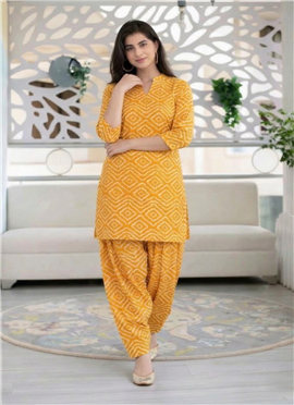 Mustard Art Silk Printed Kurta Set