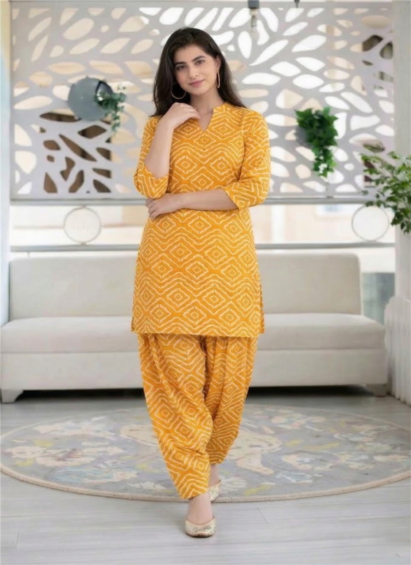 Mustard Art Silk Printed Kurta Set After Six Wear