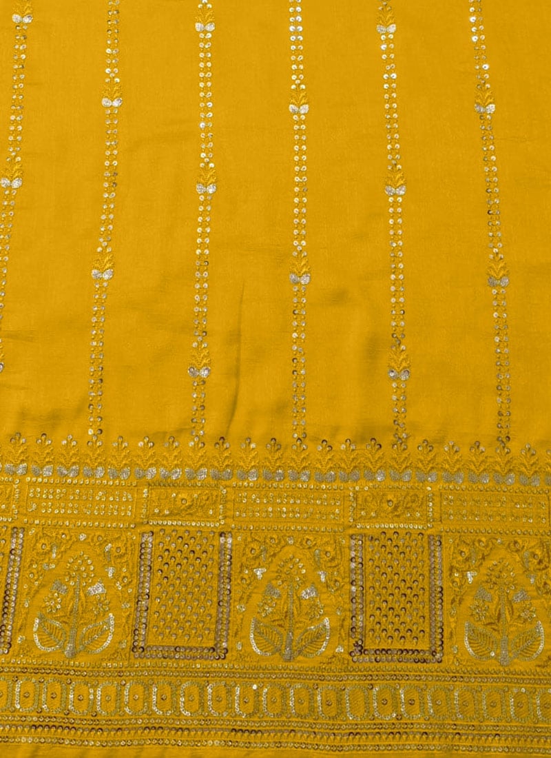 Mustard Art Silk Thread Sequins Zari Fabric