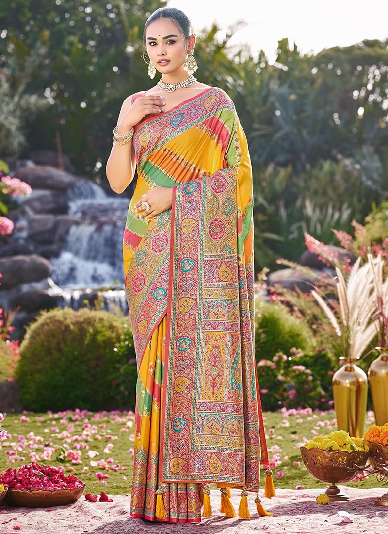 Mustard Banarasi Satin Silk Zari Woven Saree Festive Wear