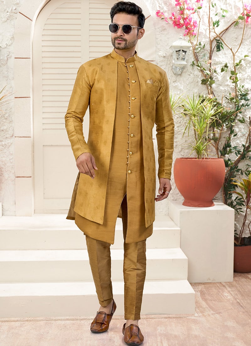 Mustard Banarasi Silk Classic Jacquard Indowestern Sherwani Wedding Wear