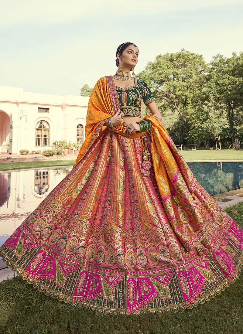 Mustard Banarasi Silk Embroidered And Cut Work Umbrella Lehenga