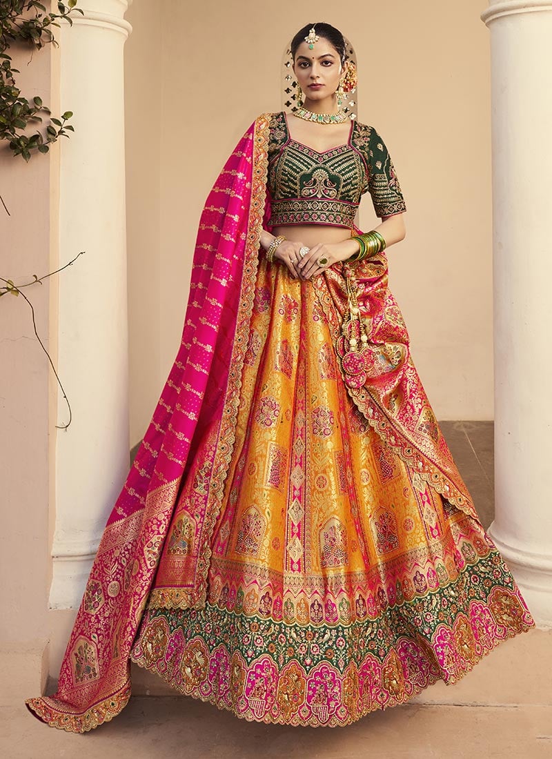 Mustard Banarasi Silk Embroidered And Cut Work Umbrella Lehenga Wedding Wear