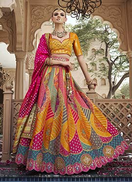 Mustard Banarasi Silk Resham Sequins Embroidered And Printed Umbrella Lehenga
