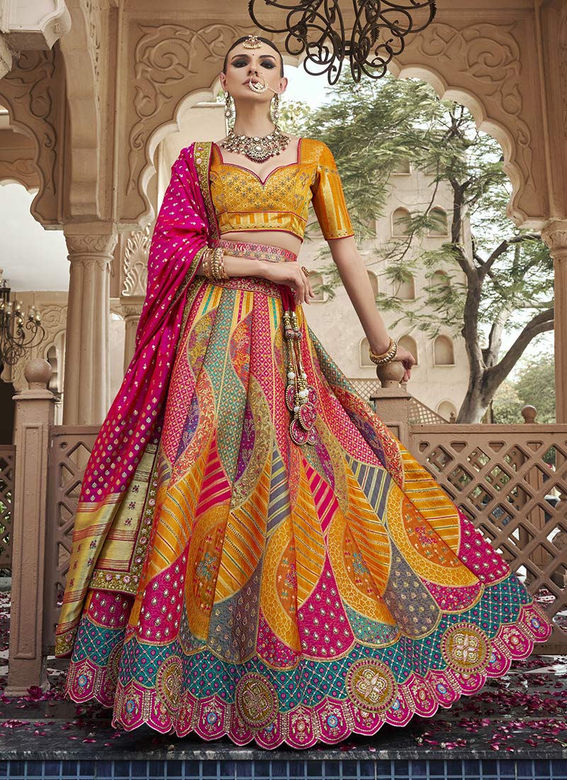 Mustard Banarasi Silk Resham Sequins Embroidered And Printed Umbrella Lehenga Wedding Wear