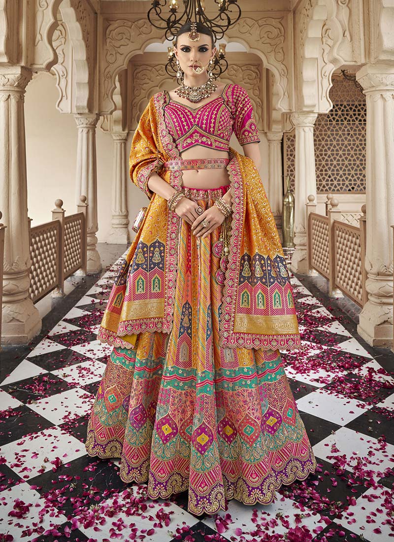 Mustard Banarasi Silk Resham Sequins Embroidered And Printed Umbrella Lehenga Wedding Wear