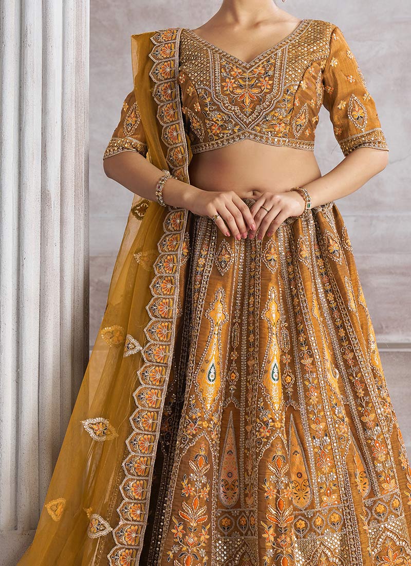 Babyhug Halterneck Sleeveless Zari Embroidered Choli with Foil Printed Lehenga and Dupatta Set - Mustard