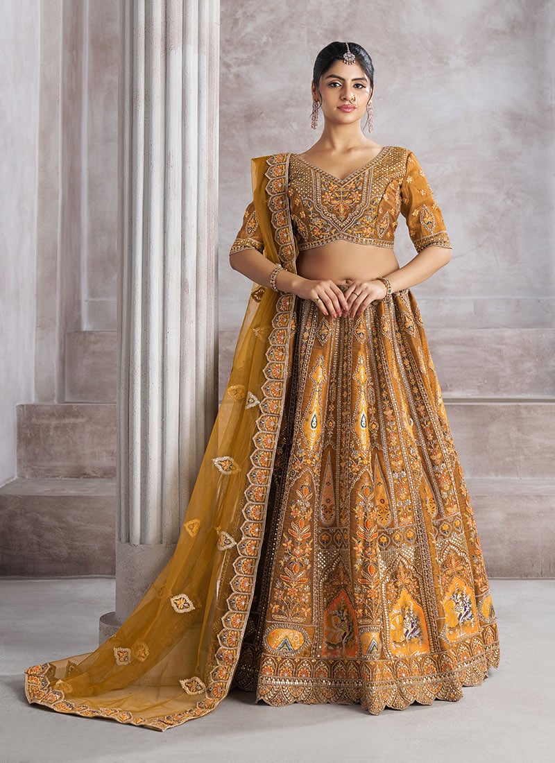 Mustard Banarasi Silk Zari Embroidered Sequins With Stone Work Lehenga
