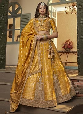 Mustard Banarasi Silk Zari Embroidered Sequins With Stone Work Lehenga
