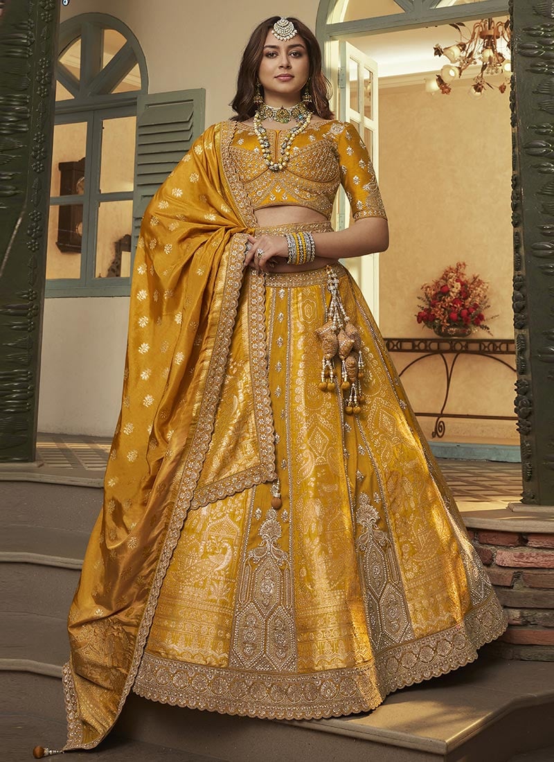 Mustard Banarasi Silk Zari Embroidered Sequins With Stone Work Lehenga Wedding Wear