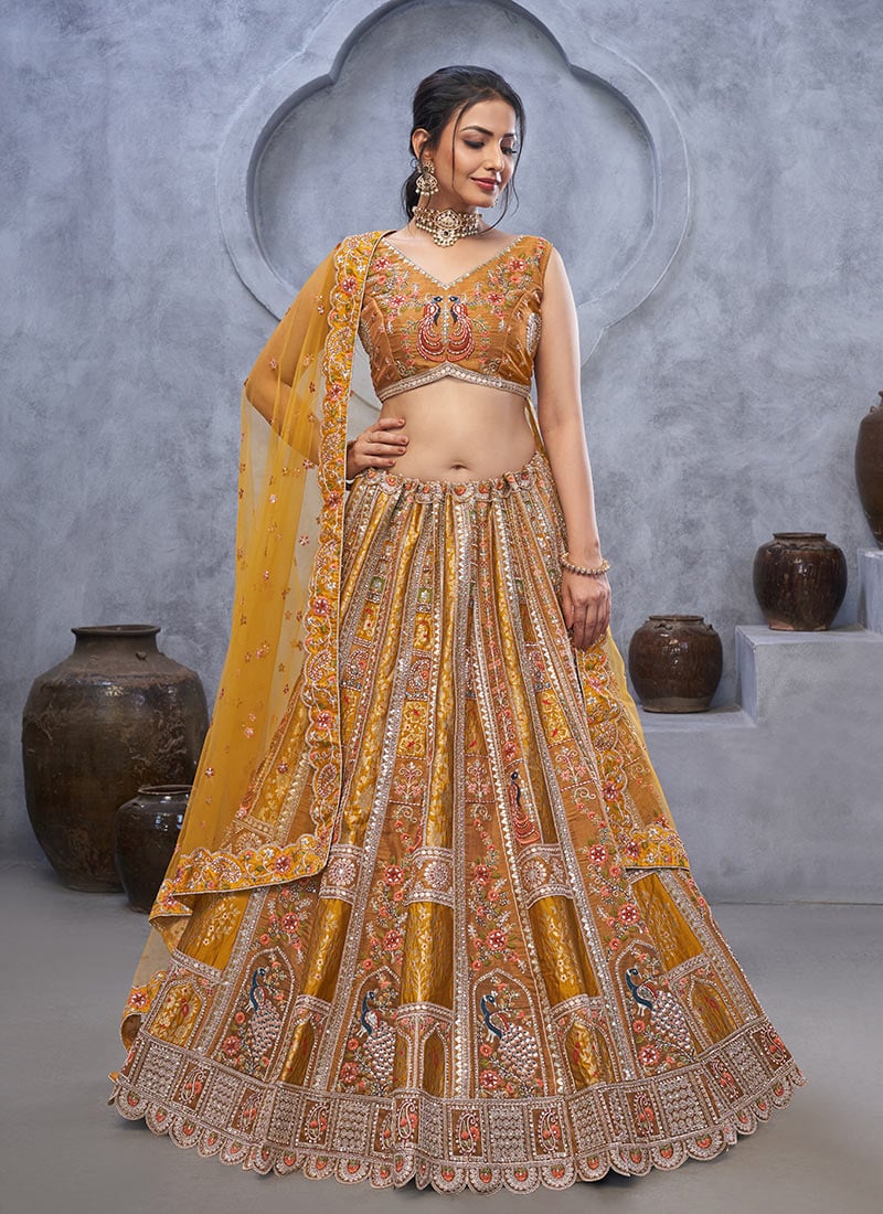 Mustard Banarasi Silk Zari Embroidered With Stone Sequins Lehenga For Timeless Elegance Wedding Wear