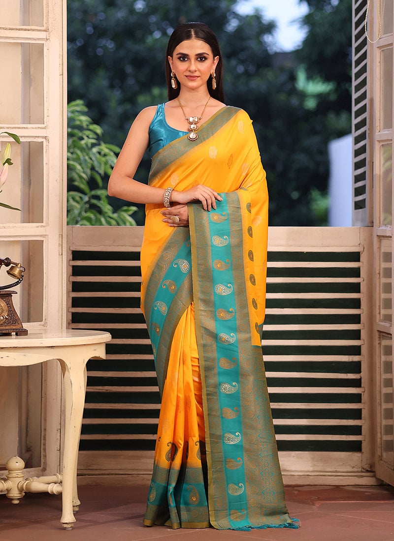 Mustard Banarasi Silk Zari Saree After Six Wear