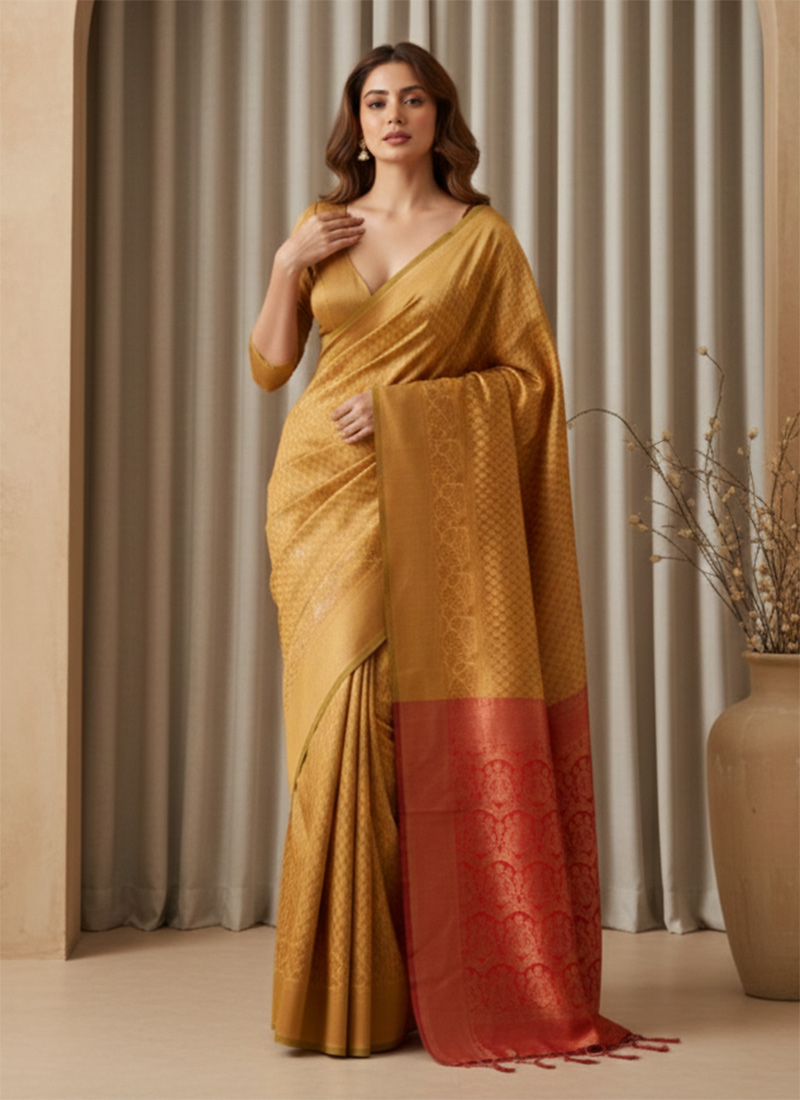 Mustard Banarasi Silk Zari Saree Festive Wear