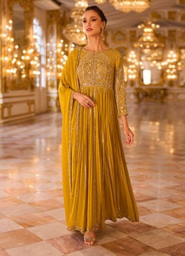 Mustard Beads Sequins Embroidered Faux Georgette Anarkali Suit