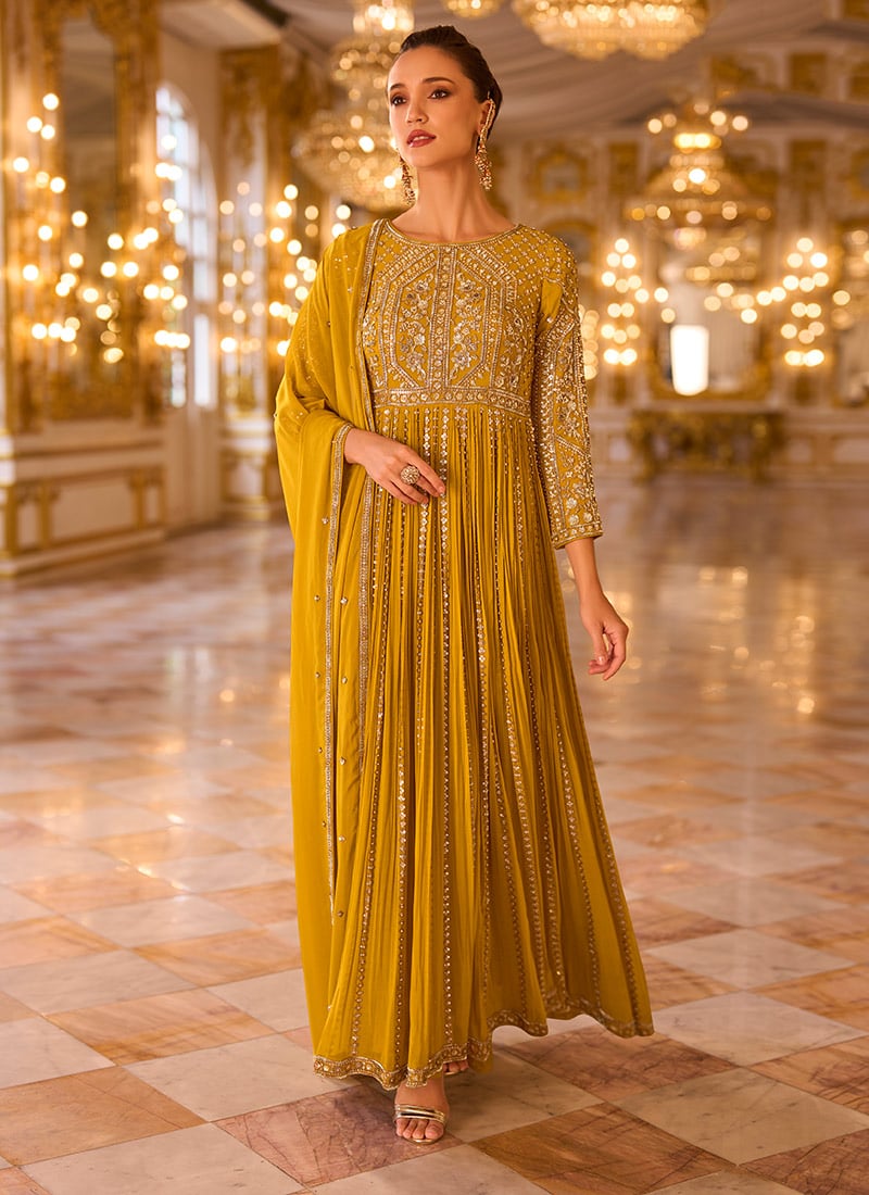 Mustard Beads Sequins Embroidered Faux Georgette Anarkali Suit Wedding Wear