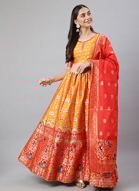 Mustard Benarasi Silk Jacquard Woven Umbrella Lehenga