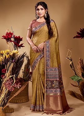 Mustard Butti Tussar Silk Jacquard Zari Saree