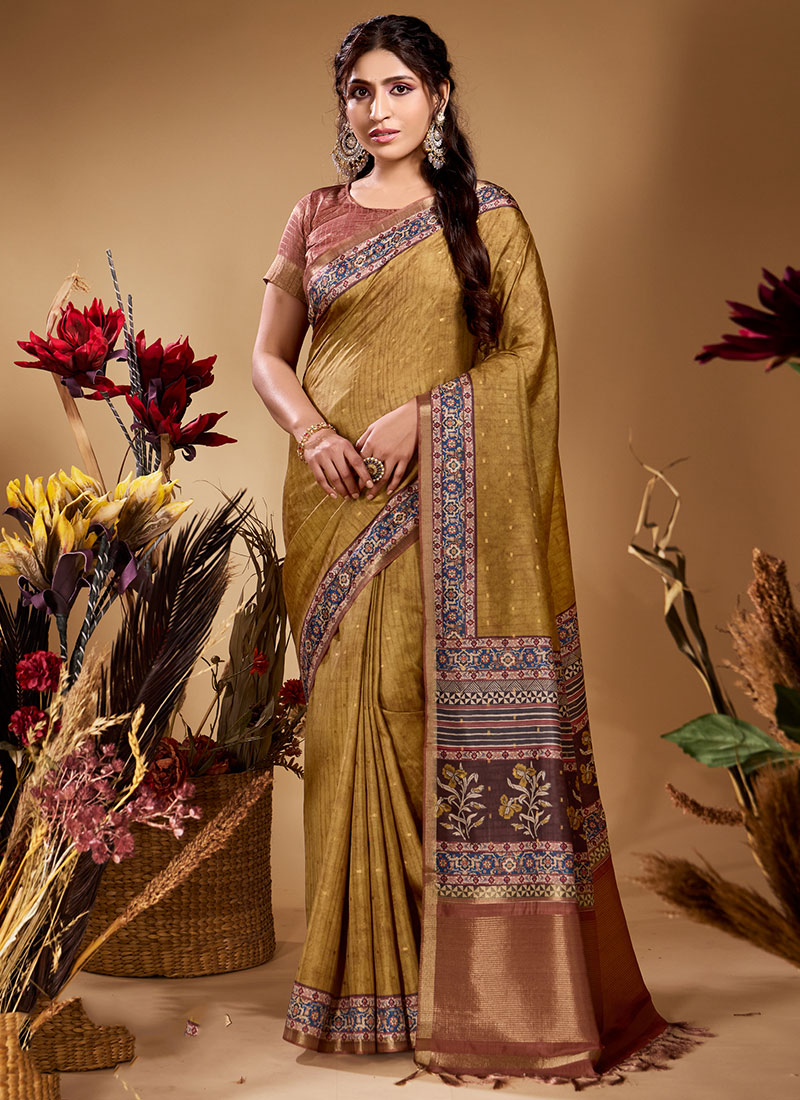Mustard Butti Tussar Silk Jacquard Zari Saree Festive Wear