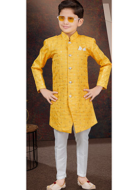 Mustard Champion Silk Sequins Kids Boys Indowestern Sherwani