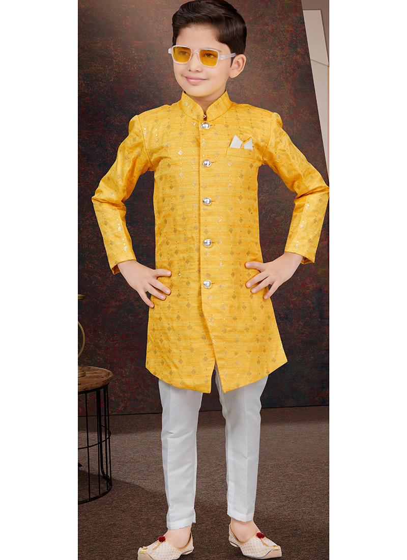 Mustard Champion Silk Sequins Kids Boys Indowestern Sherwani Wedding Wear