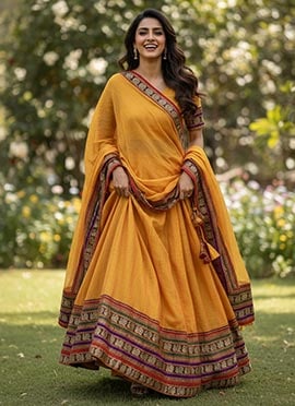 Mustard Chanderi Cotton Zari Jacquard Wowen Lehenga