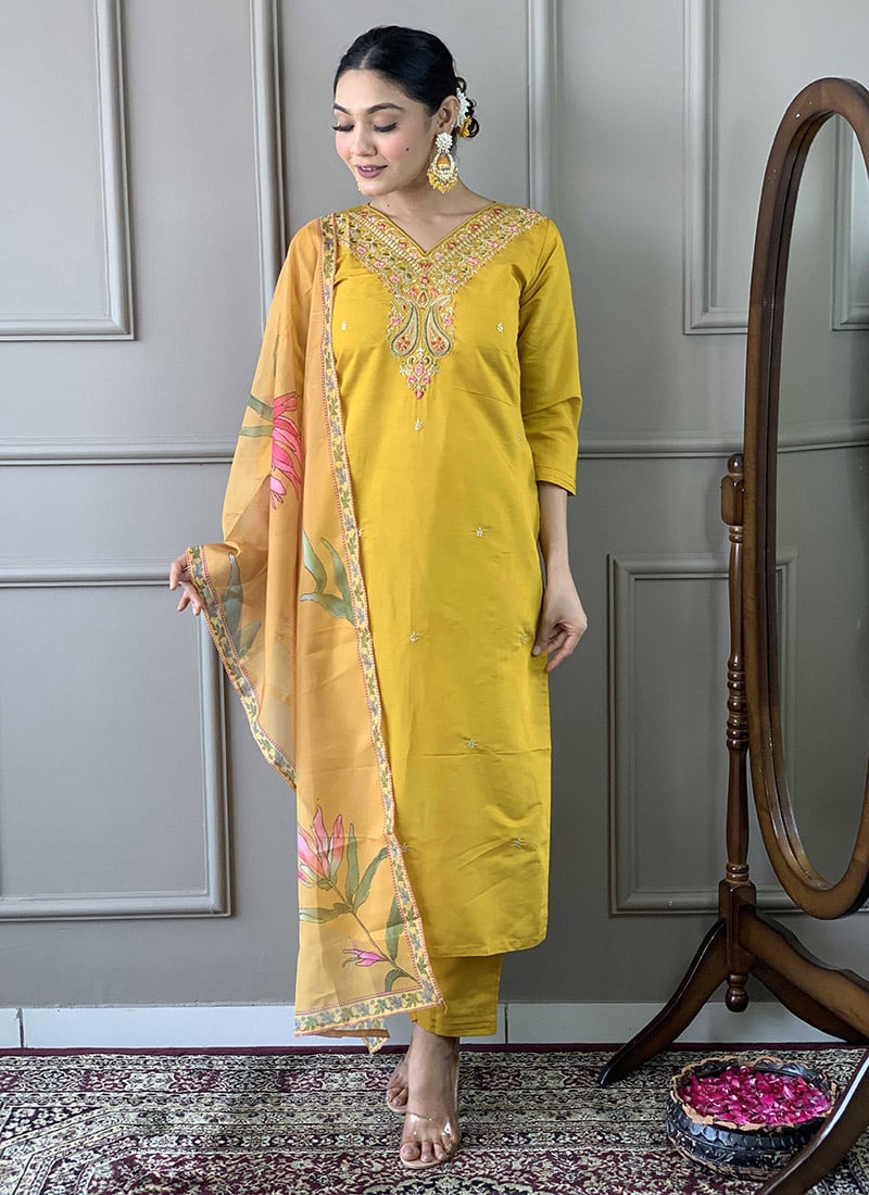 Mustard Chanderi Embroidered Sequins Straight Pant Suit For A Regal Look After Six Wear