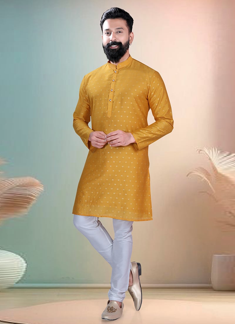 Mustard Chanderi Silk ButtiWork Kurta Pyjama